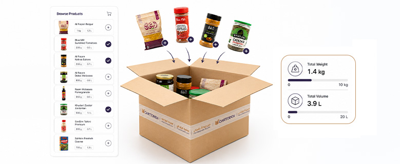 Browse and add products to your box each item adds weight and volume.